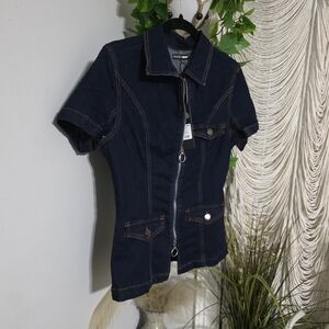 Fashion Nova Navy Short-Sleeve Denim TOP